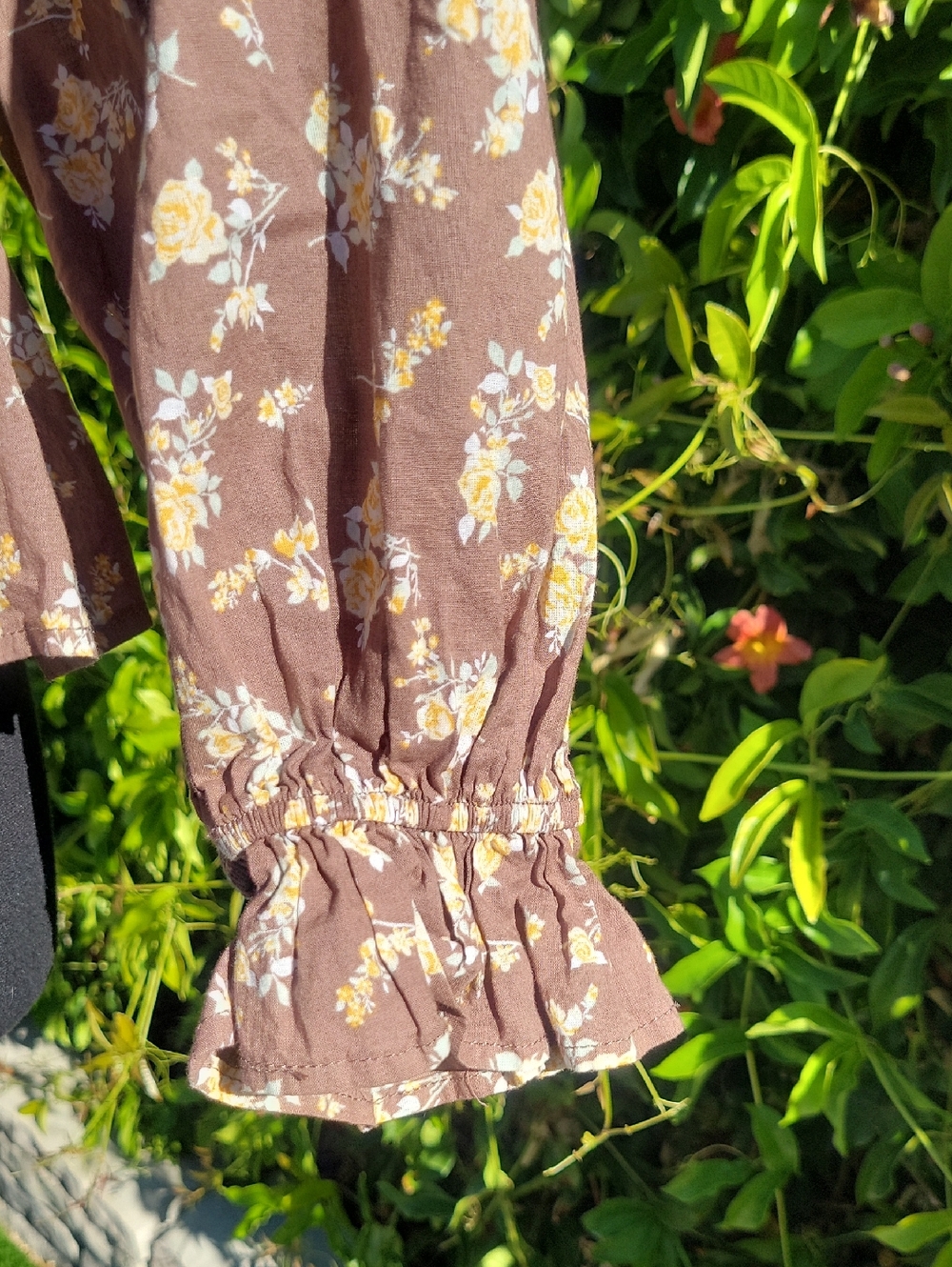 Brown Floral 100% Cotton Puff Sleeve Stretchy Boho Blouse L - Picture 5 of 14